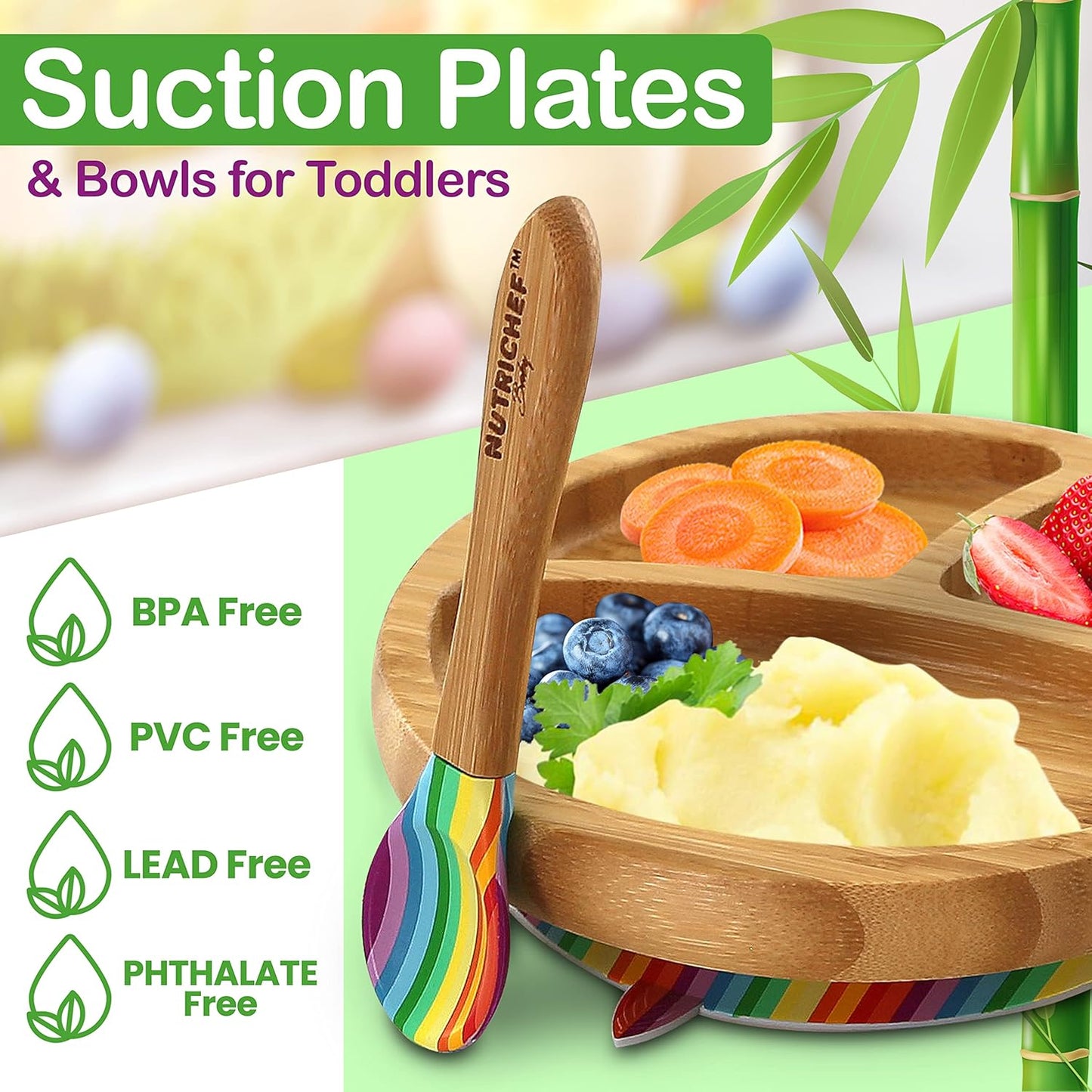 NutriChef Baby and Toddler, 3 compartment plate, bowl, and spoon feeding set- silicone suction, Non-toxic all natural Bamboo baby food plate with silicone bib (Rainbow), Small