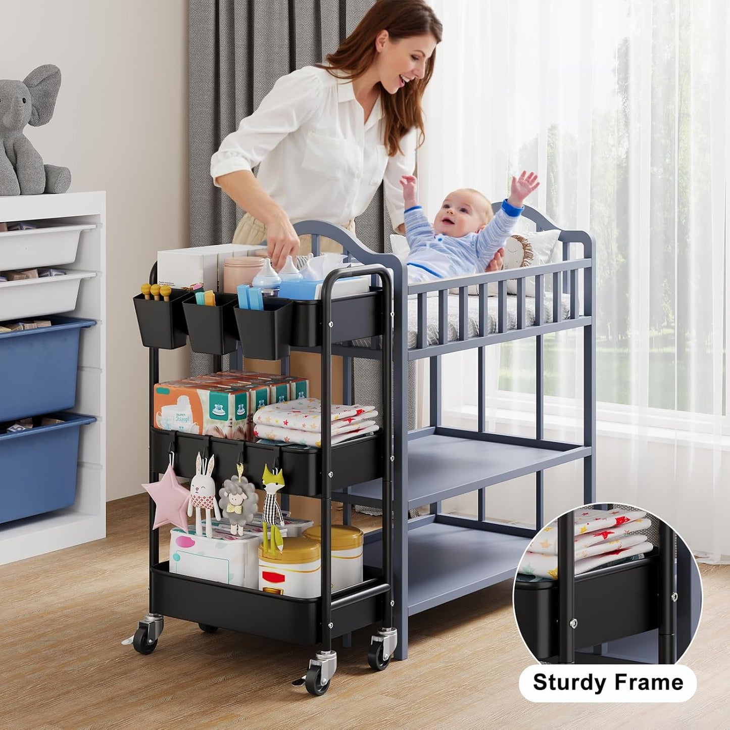 3 Tier Rolling Cart Metal with Lockable Wheels, Pink Three Tiered Diaper Caddy Cart Organizer on Wheels, Storage Utility Trolley Carts for Craft, Art, Nail, Lash, Baby Supplies, Cleaning, Mesh