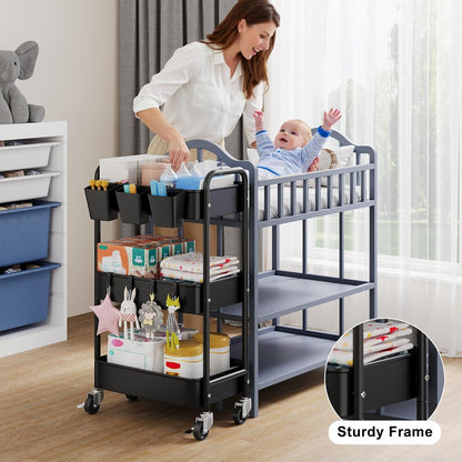 3 Tier Rolling Cart Metal with Lockable Wheels, Pink Three Tiered Diaper Caddy Cart Organizer on Wheels, Storage Utility Trolley Carts for Craft, Art, Nail, Lash, Baby Supplies, Cleaning, Mesh