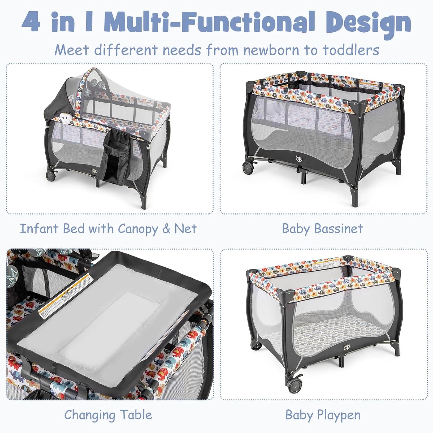 BABY JOY 4 in 1 Pack and Play with Canopy, Portable Baby Playard with Bassinet, Double-Layer Baby Crib, Wheels & Brake, Foldable Baby Girl Pink Princess Bassinet from Newborn to Toddler