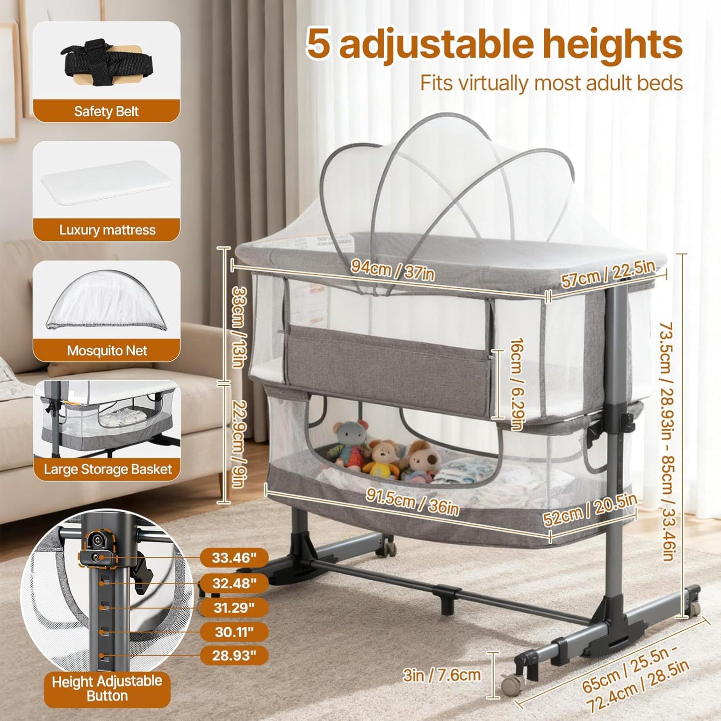 Baby Bassinet Bedside Sleeper, 3-in-1 Bedside Bassinet, 5 Height Adjustable Rocking Baby Crib, Breathable Full Mesh, Mosquito Net, Storage Basket, Stable and Secure Bassinets for Newborn (Pink)