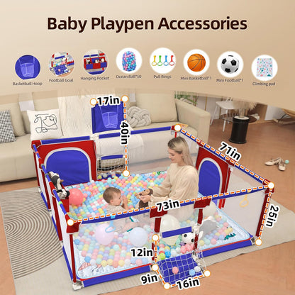 Playpen for Babies and Toddlers,73"x71"Baby Playpen with Mat Indoor＆Outdoor with Breathable Play Pen with Ocean Balls Hanging Pocket Basketball Hoop and Football Goal (Grey with Mat, 73"x71")