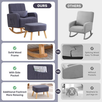 HCHAIRH Nursery Rocking Chair with Ottoman, Upholstered Glider Rocker with High Backrest Side Pocket, Rocking Accent Armchair with Solid Wood Legs for Nursery, Living Room, Bedroom, Light Grey