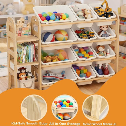 Toy Storage Organizer, Wooden Toy Organizers and Storage with Bookshelf, Toy Storage Shelf with 3 Shelves and 12 Storage Bins, Kids Bookshelf for Playroom, Nursery, Bedroom, Bookcase for Kids, White
