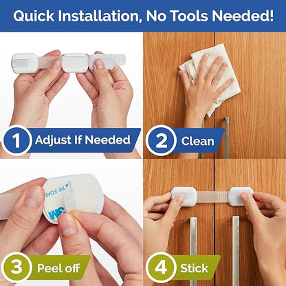 Child Safety Strap Locks (12 Pack) Baby Locks for Cabinets and Drawers, Toilet, Fridge & More. 3M Adhesive Pads. Easy Installation, No Drilling Required, White/Gray