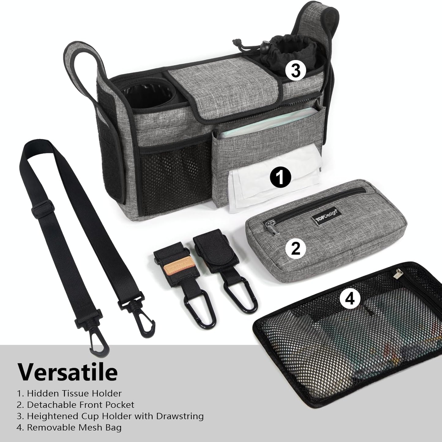 TOPDesign Universal Baby Stroller Organizer, Stroller Caddy with Detachable Mesh Bag & Heightened Insulated Cup Holders & Non-Slip Secure Hooks Accessories, Fits Most Strollers (Checkerboard) - Colors A