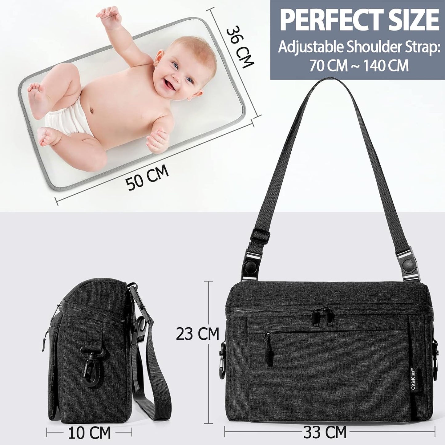 Universal Baby Stroller Organizer Large Space with Insulated Cup Holder Detachable Diaper Bag Adjustable Shoulder Strap Fits All Strollers (grey)