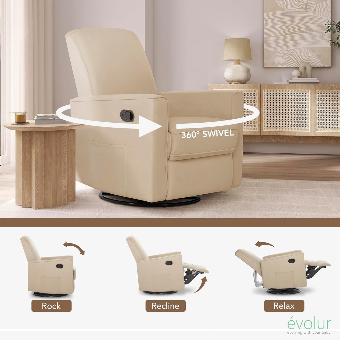 Evolur Raleigh Upholstered Manual Glider Recliner– Rocking & 360° Swivel with Smooth Glide – Greenguard Gold & FSC Certified – Modern Nursery and Living Room Chair in Light Sand