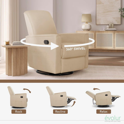 Evolur Raleigh Upholstered Manual Glider Recliner– Rocking & 360° Swivel with Smooth Glide – Greenguard Gold & FSC Certified – Modern Nursery and Living Room Chair in Light Sand