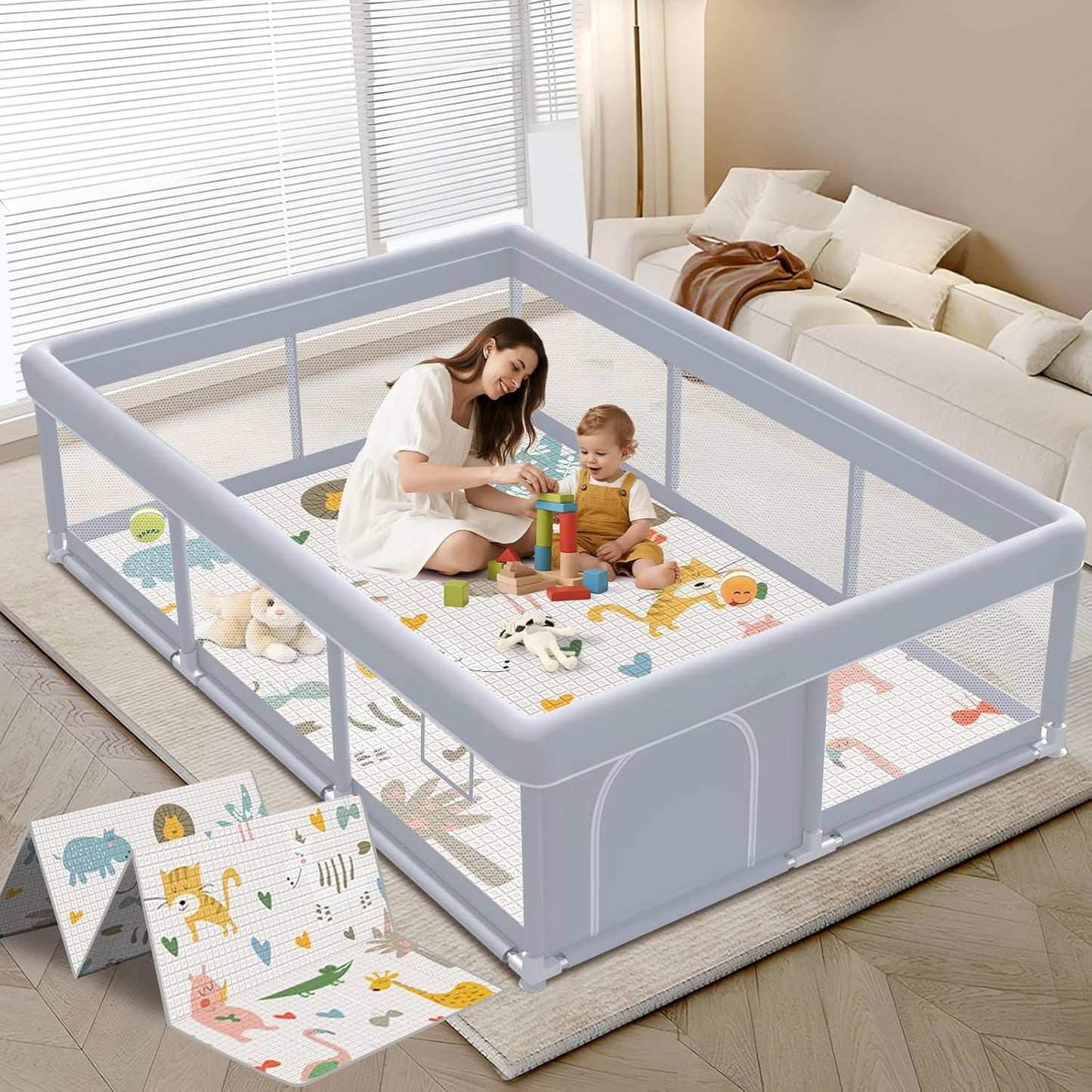 XVISHX Baby Playpen 50 x 50 Inch Play Pen Playards, Playpen for Babies and Toddlers, Baby Playard for Indoor & Outdoor Active Center Game Fence, with Skin-Friendly Fabric and Soft Breathable Mesh Grey