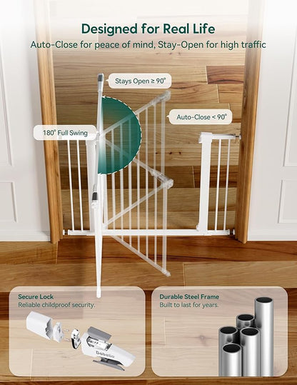 Babelio 36" Tall Baby Gate, PressGuard P7, 29-55" Auto Close Pressure Mounted Dog Gate for Doorways & Hallway, Basics Easy Walk Thru Pet Gate, Extra Wide Metal Child Gate, White