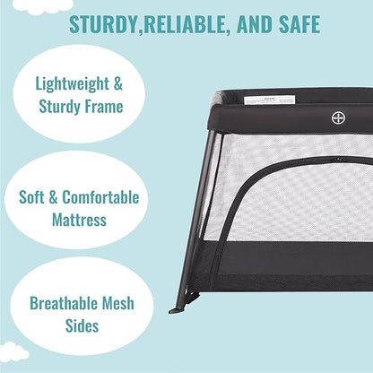 Dream On Me Travel Light Baby Playard with Zipper Access Door, Breathable Mesh Sides with Soft Comfortable Mattress, Easy Fold Design with Travel Carry Bag, Compact Space Saving Design - Black
