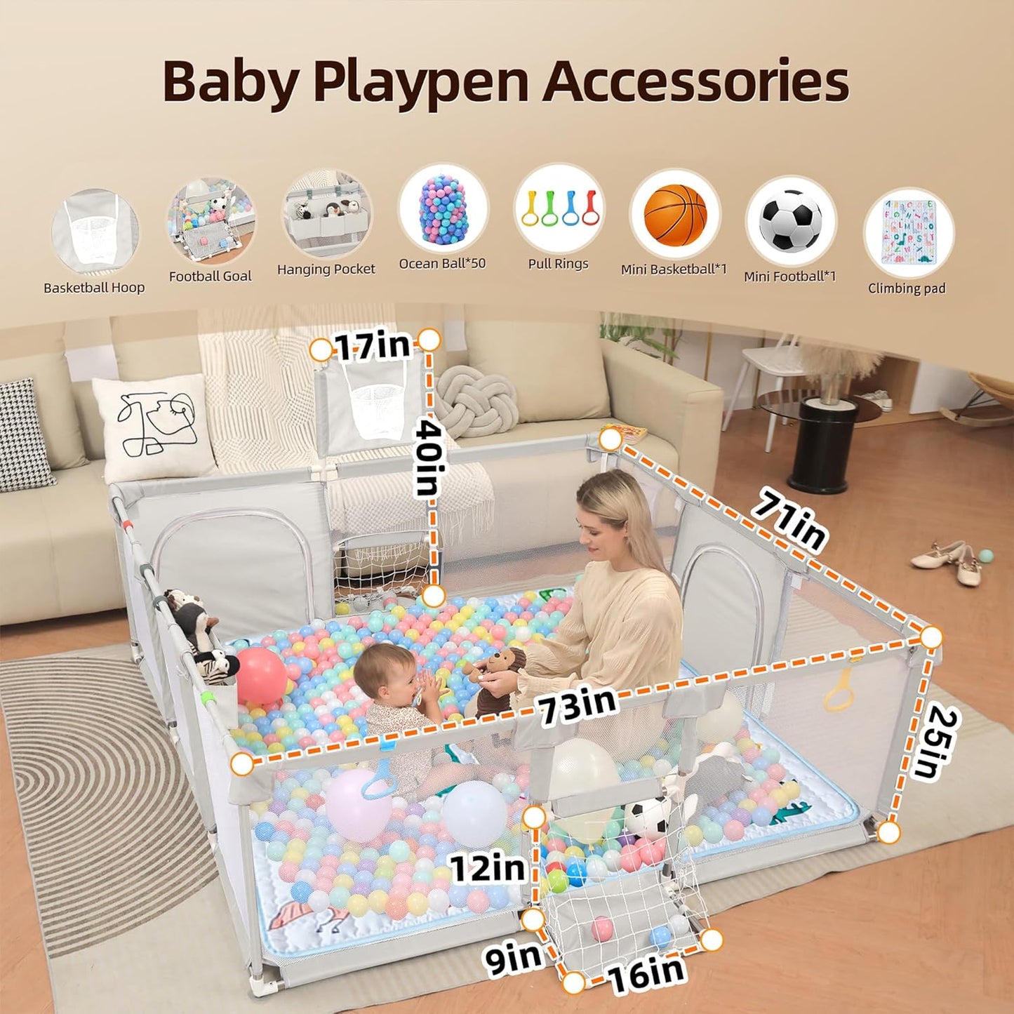 Playpen for Babies and Toddlers,73"x71"Baby Playpen with Mat Indoor＆Outdoor with Breathable Play Pen with Ocean Balls Hanging Pocket Basketball Hoop and Football Goal (Grey with Mat, 73"x71")