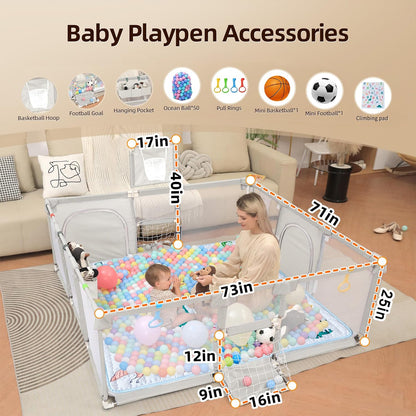 Playpen for Babies and Toddlers,73"x71"Baby Playpen with Mat Indoor＆Outdoor with Breathable Play Pen with Ocean Balls Hanging Pocket Basketball Hoop and Football Goal (Grey with Mat, 73"x71")