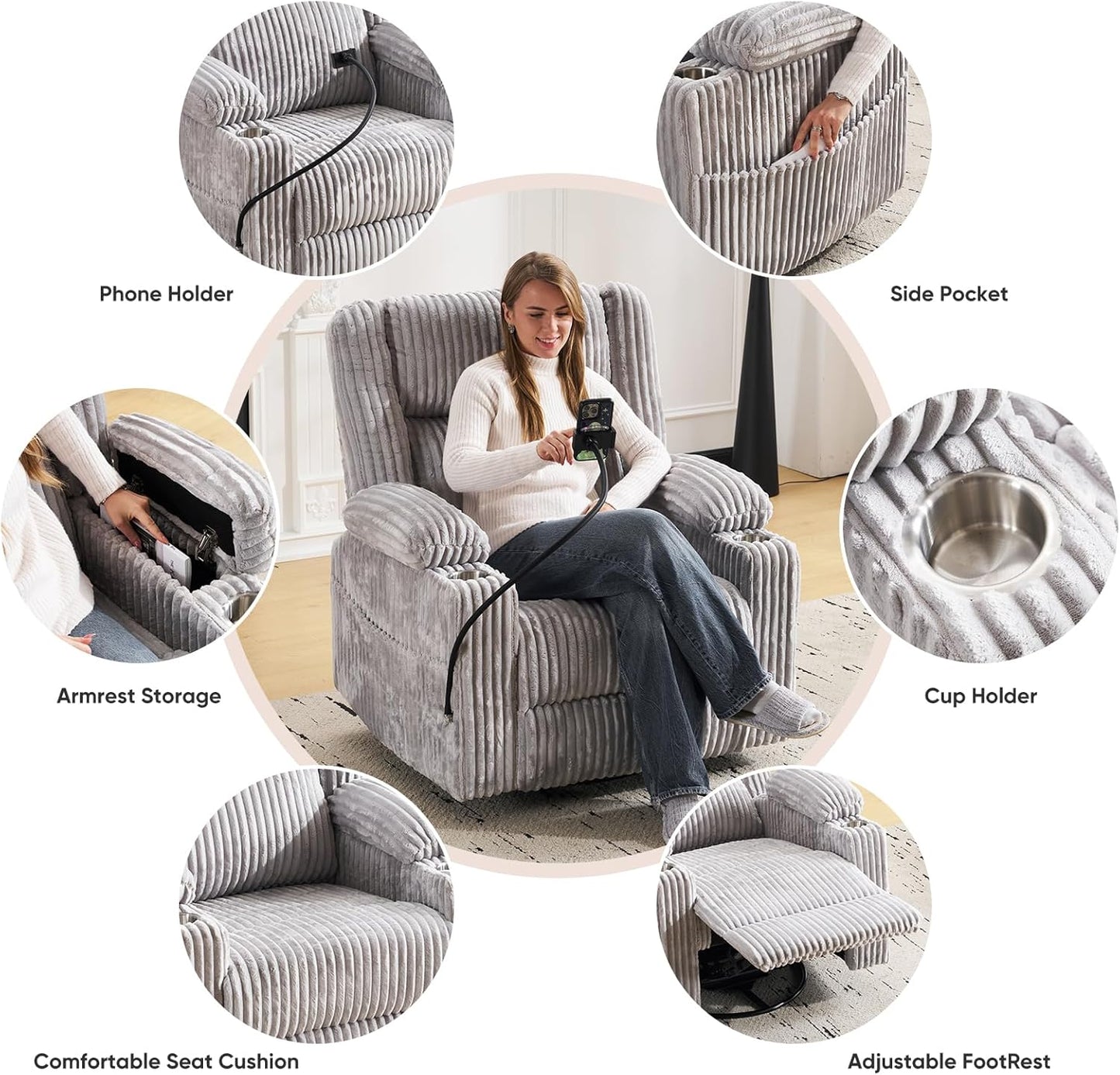 Oversized Power Recliner Chair with Massage and Heat, Swivel Rocker Recliner Chair for Adults with Arm Storage, Nursery Glider Recliner with Adjustable Headrest and Phone Stand, Side Pockets, Beige
