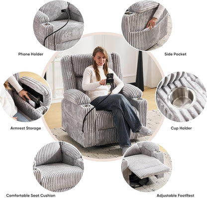 Oversized Power Recliner Chair with Massage and Heat, Swivel Rocker Recliner Chair for Adults with Arm Storage, Nursery Glider Recliner with Adjustable Headrest and Phone Stand, Side Pockets, Beige