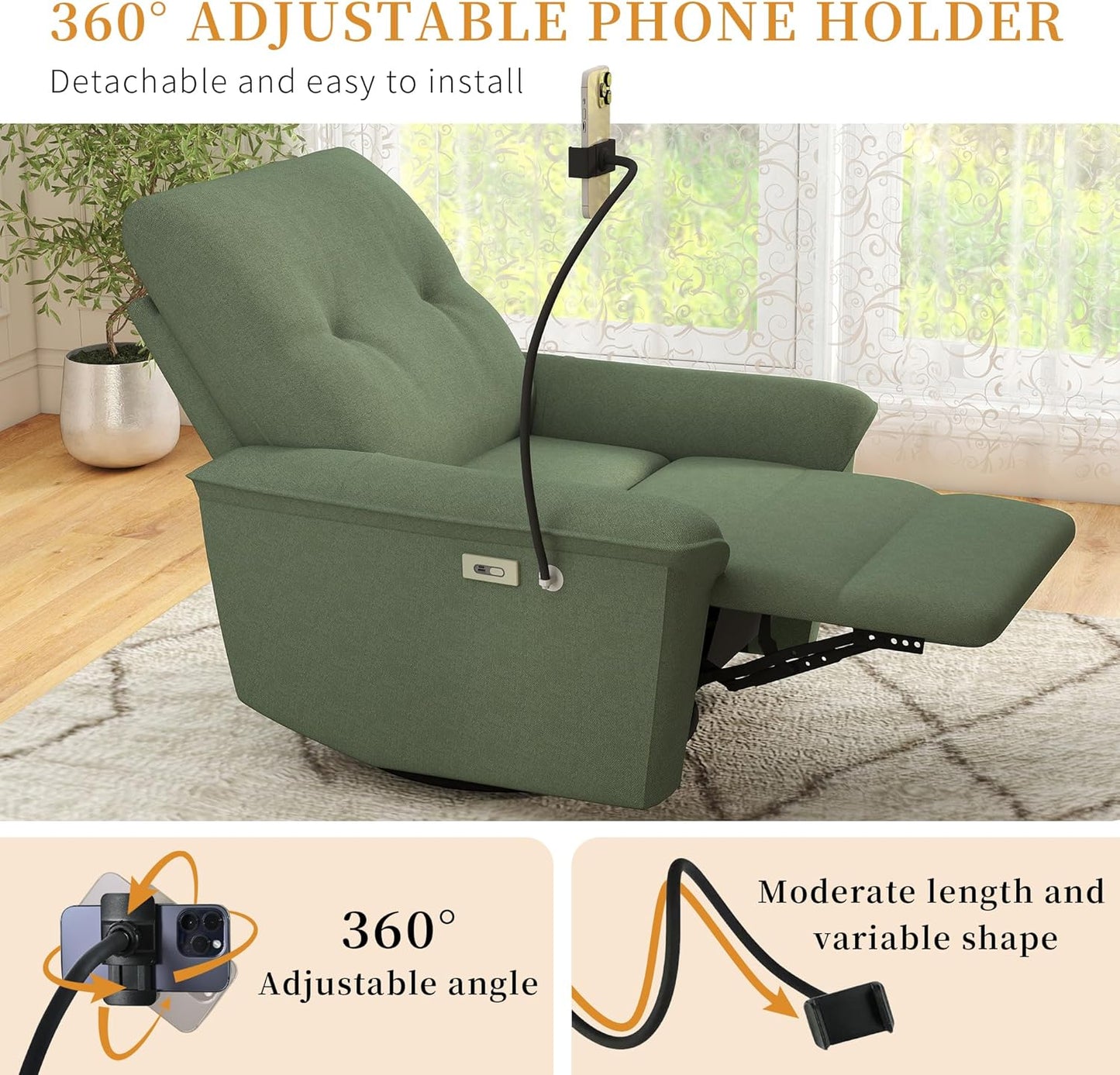 Power Swivel Rocker Recliner Chair for Nursery, Upholstered Glider Rocking Chair with Phone Holder,USB Ports, Small Recliners for Small Spaces Living Room, Bedroom