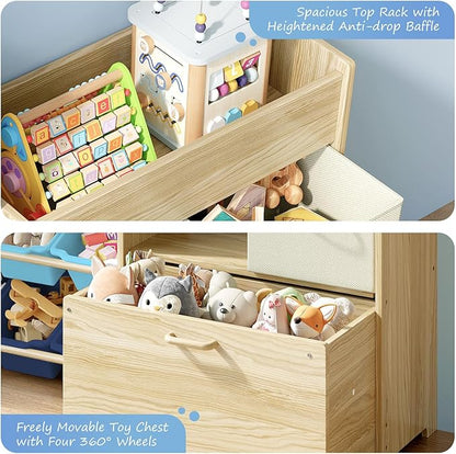 EXPERLAM Toy Storage Organizer for Kids, 9-Bin Toy Organizer with 2-Drawers,Movable Toy Chest and Top Rack, Kids Bookshelf and Toy Storage for Playroom, Bedroom, Nursery, Blue