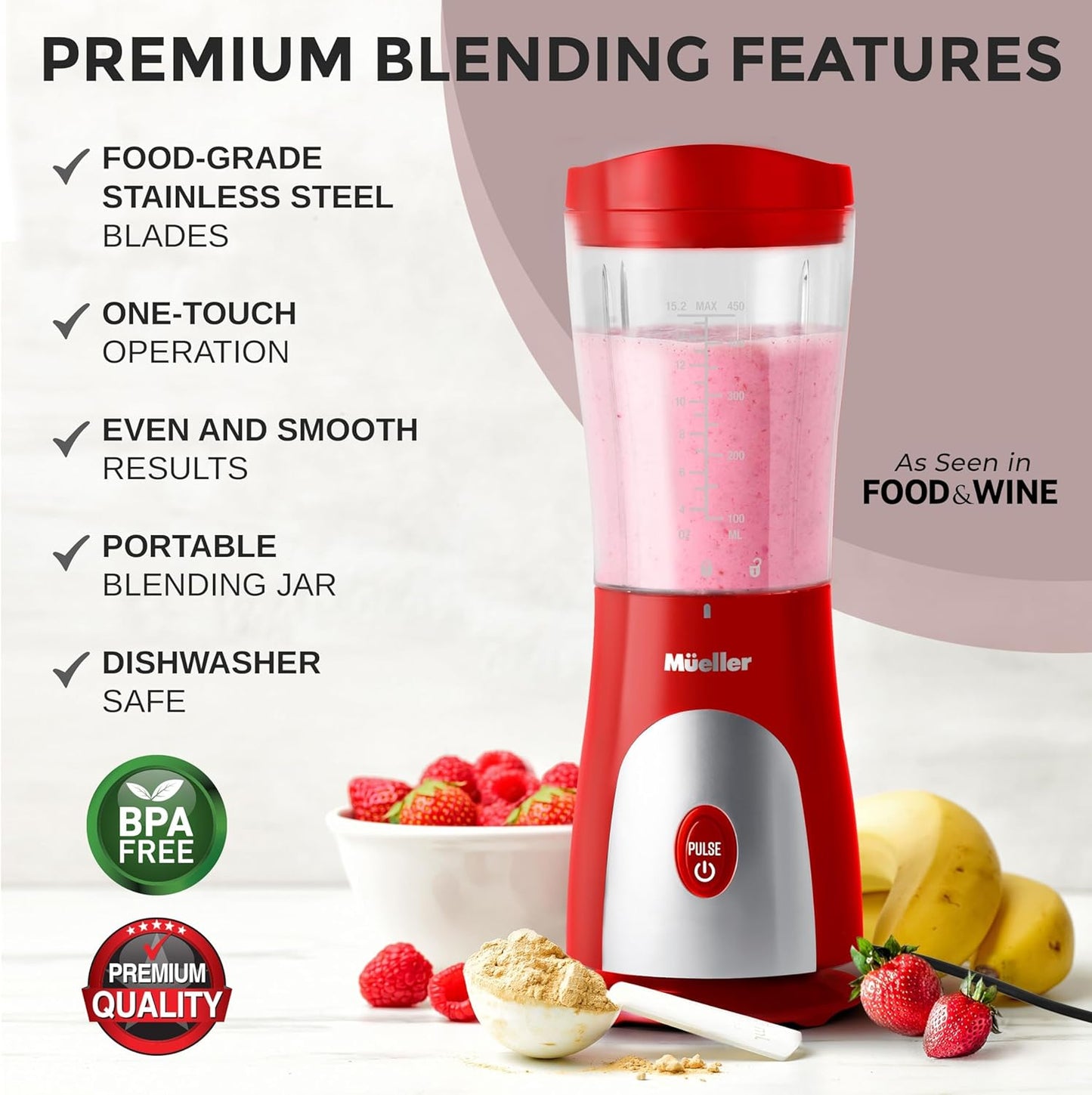 Mueller Heavy-Duty Personal Blender for Shakes and Smoothies with a 15 Oz Travel Cup and Lid, Juices, Baby Food, Portable Blender & Food Processor, Turquoise