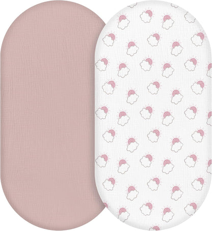 Muslin Bassinet Fitted Sheets 2 Pack, Soft Breathable Cotton Baby Bassinet Mattress Sheet Set, 360° Elastic Snug Fit, Universal for Oval, Rectangle & Hourglass Cradle, Unisex Baby Bedding (Cute Cars)