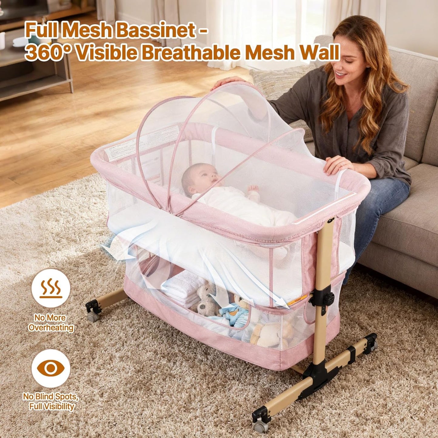 Baby Bassinet Bedside Sleeper, 3-in-1 Bedside Bassinet, 5 Height Adjustable Rocking Baby Crib, Breathable Full Mesh, Mosquito Net, Storage Basket, Stable and Secure Bassinets for Newborn (Pink)