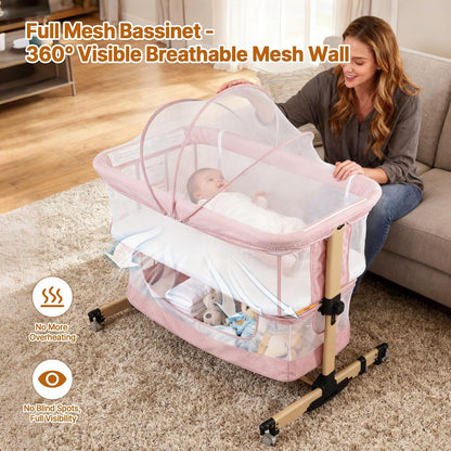 Baby Bassinet Bedside Sleeper, 3-in-1 Bedside Bassinet, 5 Height Adjustable Rocking Baby Crib, Breathable Full Mesh, Mosquito Net, Storage Basket, Stable and Secure Bassinets for Newborn (Pink)