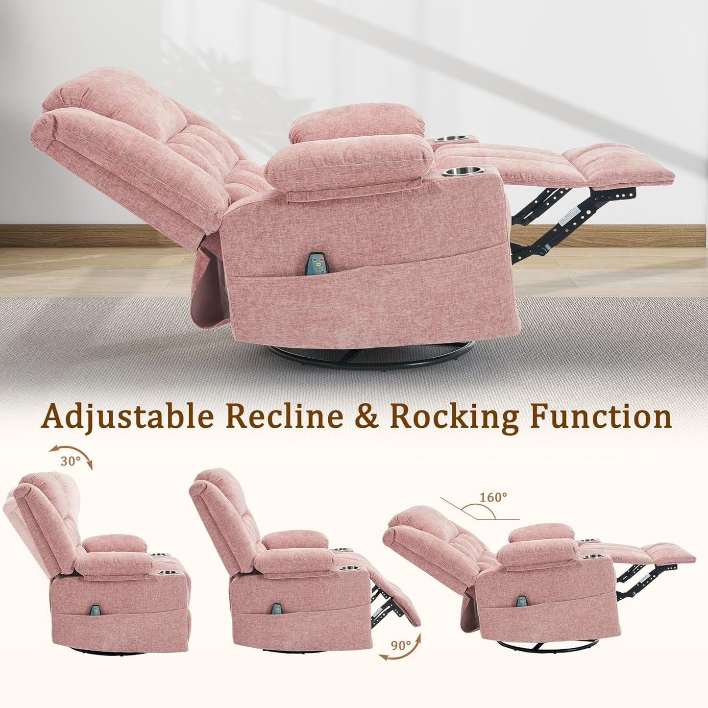 Korser 360° Swivel Rocker Recliner for Adults, Nursery Glider Recliner with Massage and Heating, Rocking Chair with Cup Holder, Manual Recliner Chair for Living Room, Bedroom (Fabric, Beige)