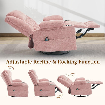 Korser 360° Swivel Rocker Recliner for Adults, Nursery Glider Recliner with Massage and Heating, Rocking Chair with Cup Holder, Manual Recliner Chair for Living Room, Bedroom (Fabric, Beige)