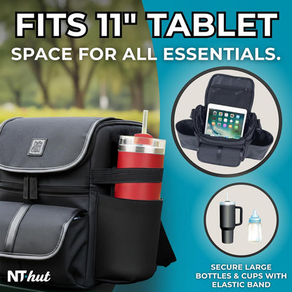 NT·hut Baby Stroller Organizer, Stroller Caddy Bag with 2 Wide Cup Holders & Bottle Straps, Universal Strap Fit, Fits 11" Tablet, Magnetic Pocket, Zipper & Mesh Pockets, Water Resistant 600D (Black)