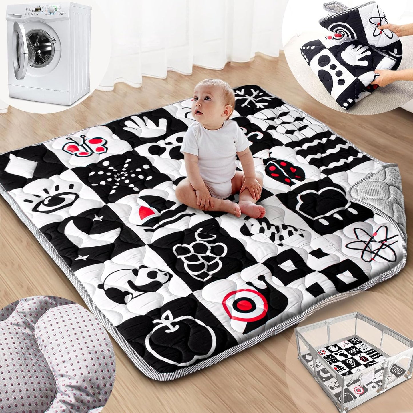 Baby Play Mat, 50x50 Playpen Mat with Super Soft Touch, Activity Mats with Upgraded Anti-Slip Bottom, Machine Washable Crawling Mats for Floor & Picnic (Animal Alphabets)
