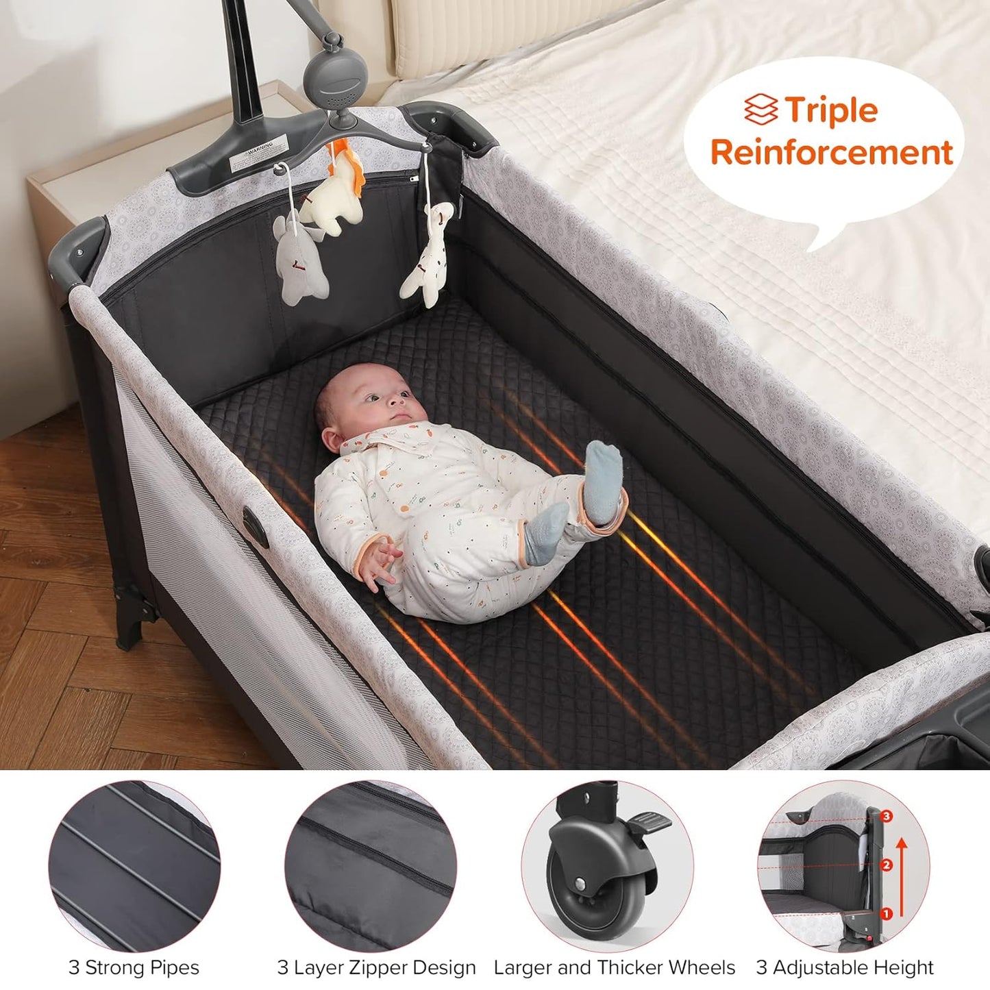 ELEMARA Wide Baby Bassinet Bedside with Diaper Changer,Long Next to Bed Crib with Mattress,Sheet,Music, Playpen Travel Bed with Storage (3 in 1 Baby Bassinet, 3 in 1 Full)