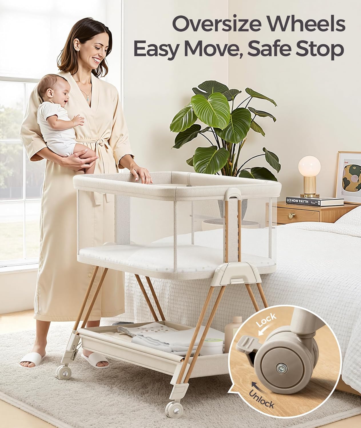 Fodoss Baby Bassinets Bedside Sleeper - 3-in-1 Baby Bassinet with Wheels, Soft Mattress, Storage Tray, Full-Mesh Sides, 7-Height Adjustable Crib for Newborns