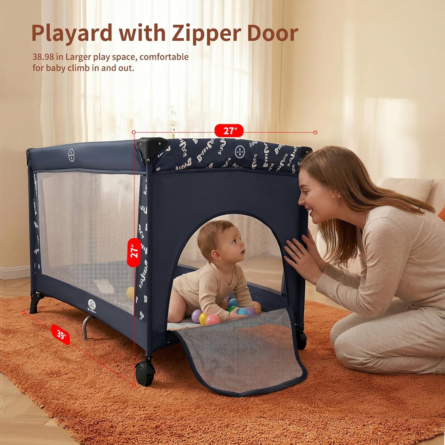 Babilous Pack and Play, Baby Bassinet with Wheels, Foldable Baby Playard for Travel, Easy Carry Bedside Bassinet, Mini Pack n Play with Comfortable Mattress & Compact Space Saving Design, Grey