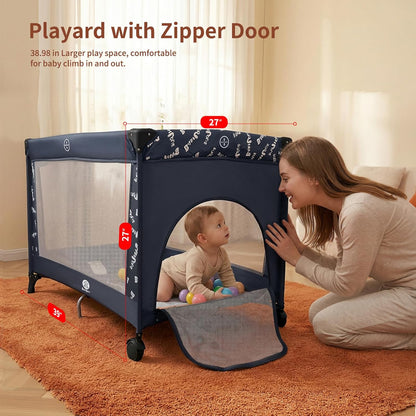 Babilous Pack and Play, Baby Bassinet with Wheels, Foldable Baby Playard for Travel, Easy Carry Bedside Bassinet, Mini Pack n Play with Comfortable Mattress & Compact Space Saving Design, Grey