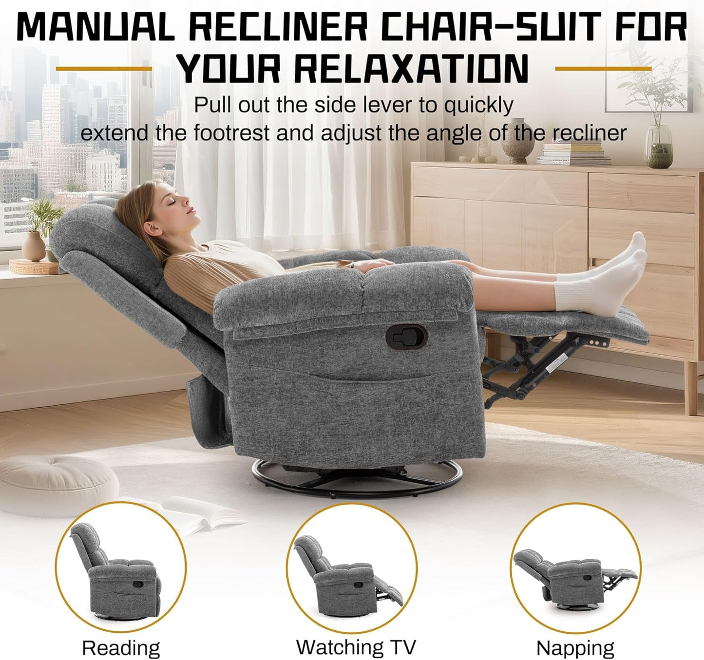 Korser Recliner Chair, Swivel Rocker Recliner Chair for Adults, Small Recliners for Small Spaces, Upholstered Manual Recliner with Side Pockets, Nursery Rocking Chair for Living Room, Chenille, Beige