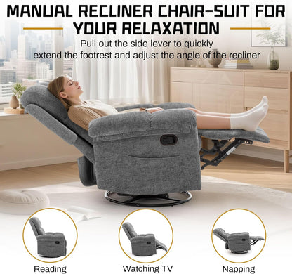 Korser Recliner Chair, Swivel Rocker Recliner Chair for Adults, Small Recliners for Small Spaces, Upholstered Manual Recliner with Side Pockets, Nursery Rocking Chair for Living Room, Chenille, Beige