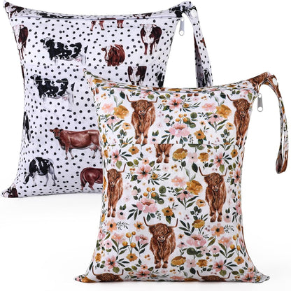 Wet Dry Bags 2-Pack with Cute Dolphin Print - Waterproof Travel Organizer for Swimming Pool Beach Gym Baby Cloth Diapers Swimwear with Dual Zippers