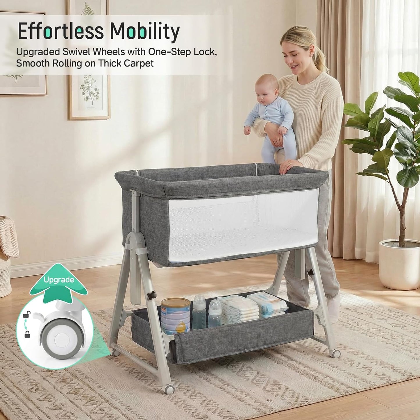Cowiewie Bassinet Bedside Sleeper,3-in-1 Baby Bassinet with Mattress & Wheels,Easy Folding Portable Bedside Bassinet for Baby with Storage & Travel Bag,Breathable Mesh,Stable & Secure,Beige
