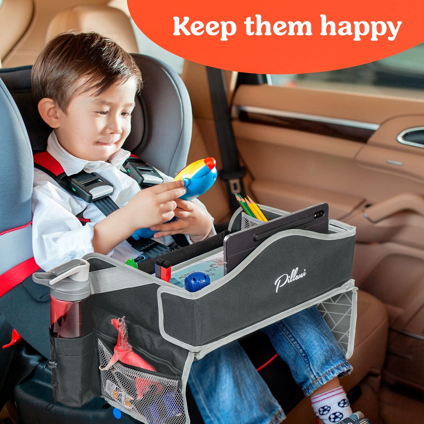 PILLANI Kids Travel Tray for Car Seat - Carseat Tray w/ iPad Holder & Dry Erase Board, Road Trip Activities - Toddler Lap Desk Organizer for Airplane - Roadtrip & Travel Essentials - Pack of 2, Pink