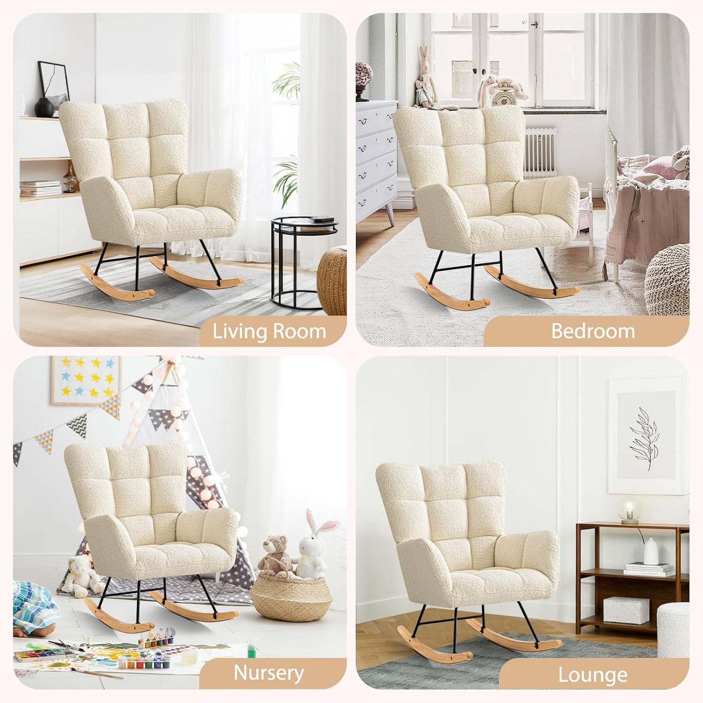 Furniliving Nursery Rocking Chair Upholstered Glider Rocking Chair Modern Accent Chair Padded Seat Reading Chair with High Backrest Comfy Chair for Living Room, Bedroom, Nursery, Black, Teddy