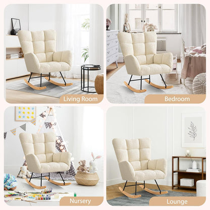 Furniliving Nursery Rocking Chair Upholstered Glider Rocking Chair Modern Accent Chair Padded Seat Reading Chair with High Backrest Comfy Chair for Living Room, Bedroom, Nursery, Black, Teddy