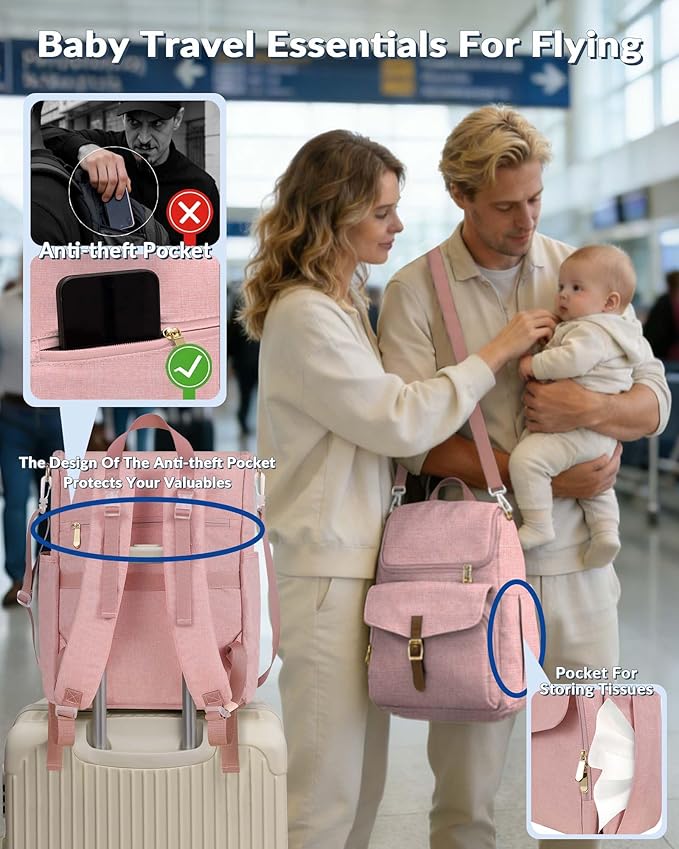 Baby Diaper Bag Backpack, 15 Pockets Newborn Baby Essential Travel bag, Multi Function Water Resistant Tote bag, Balancing Work and Life for Mon and Dad Pink