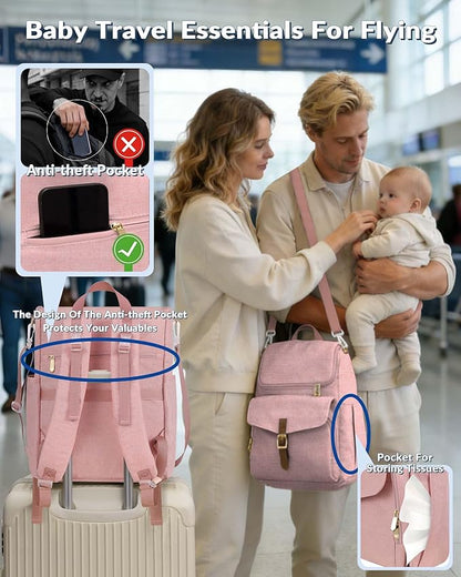 Baby Diaper Bag Backpack, 15 Pockets Newborn Baby Essential Travel bag, Multi Function Water Resistant Tote bag, Balancing Work and Life for Mon and Dad Pink