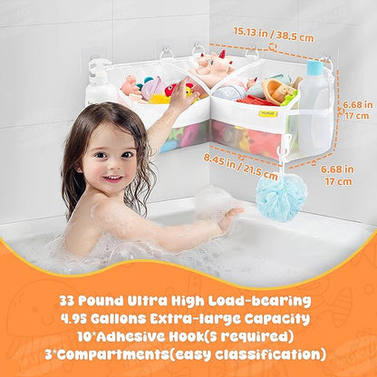 3 Compartments Bath Toy Storage Corner Bath Toy Holder for Bathtub, Kids Tub Toys Organizer with Adhesive Hooks, Quick-Drying Machine-Washable Mesh Bathroom Organizer for Tidy Bathtub