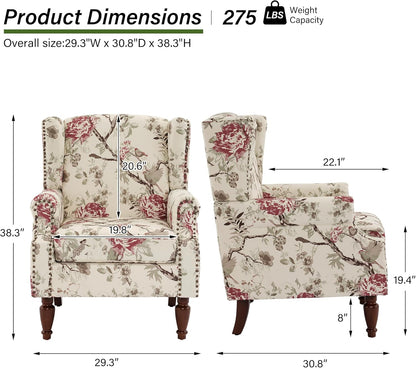 Swivel Rocker Recliner Chair, Manual Nursery Glider Recliner, Floral Fabric Wingback Accent Chair with Adjustable Backrest & Footrest for Small Spaces Living Room Bedroom (Plants Floral, Set of 1)