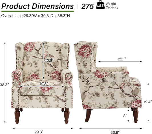 Swivel Rocker Recliner Chair, Manual Nursery Glider Recliner, Floral Fabric Wingback Accent Chair with Adjustable Backrest & Footrest for Small Spaces Living Room Bedroom (Plants Floral, Set of 1)