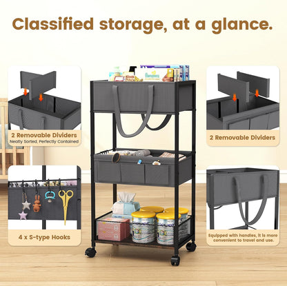 Diaper Caddy Organizer and Storage, 3-Tier Baby Storage Organizers with 2+2 Dividers, Large Capacity Diaper Rolling Cart for Nursery, Diaper Caddy Cart for Crib, Bedroom, Bathroom