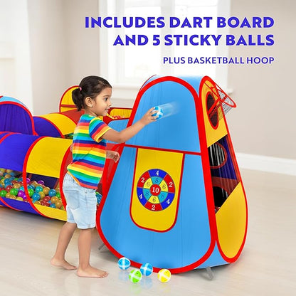 Playz 5pc Kids' Play Tents & Tunnels - Ball Pit for Toddlers, Basketball Hoop, Crawling Tubes, Pop-Up Playhouses, Baby Obstacle Course for Indoor or Outdoor Use