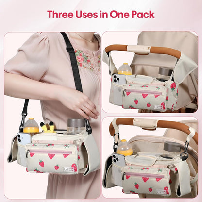 Universal Stroller Organizer with Insulated Cup Holders and Detachable Phone Bag,Stroller Caddy Fits for Stroller Accessories like Uppababy, Baby Jogger, Doona, Nuna Stroller (Green Square grid)