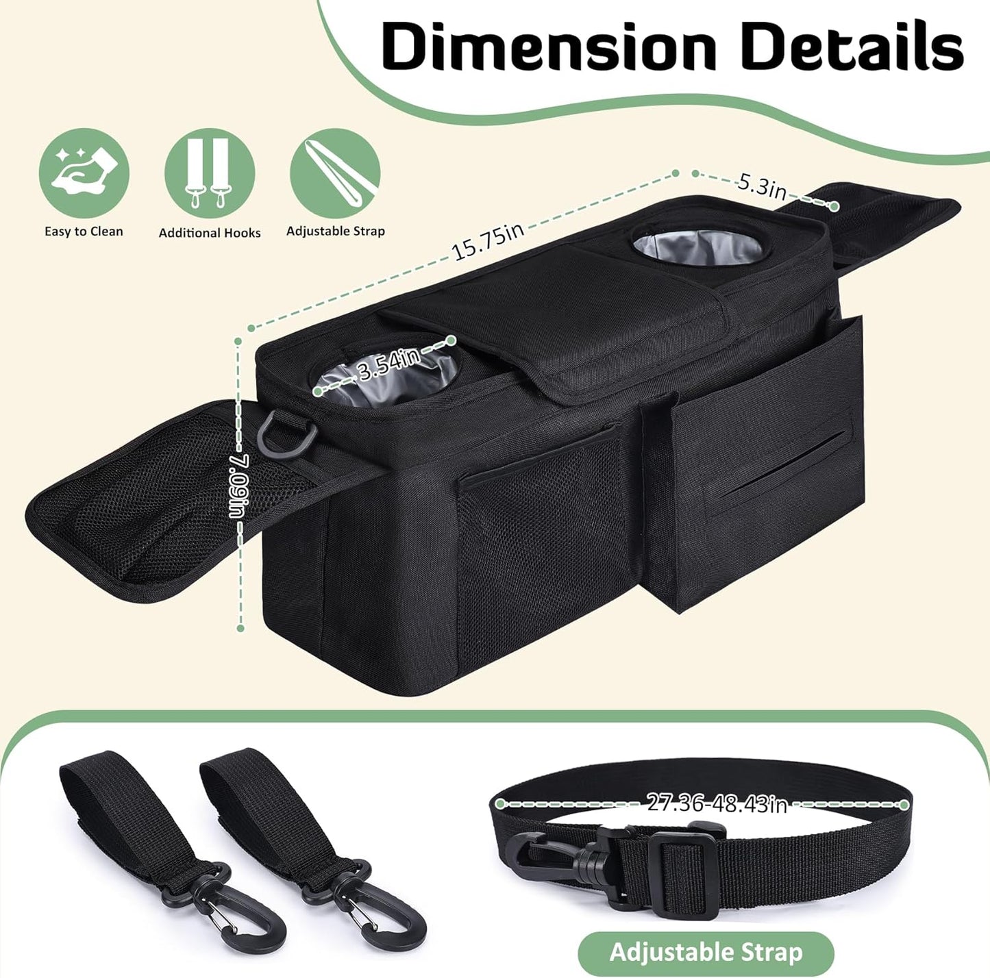INFANZIA Universal Adjustable Stroller Organizer with Insulated Cup Holders, Phone Bag & Detachable Shoulder Strap, Fits Uppababy, Doona, Britax, Jogging Strollers and Most Baby Strollers (Black)